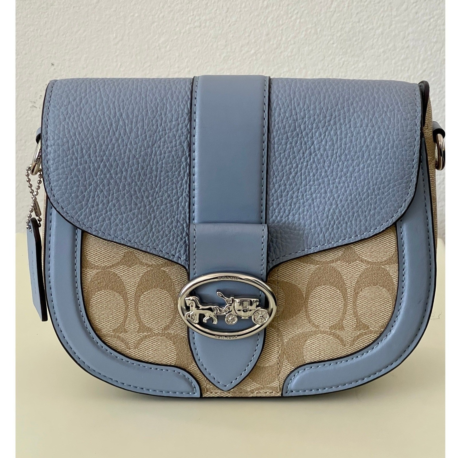 Nwot Coach Georgie Blue Leather Signature Canvas Horse & Carriage Crossbody Bag